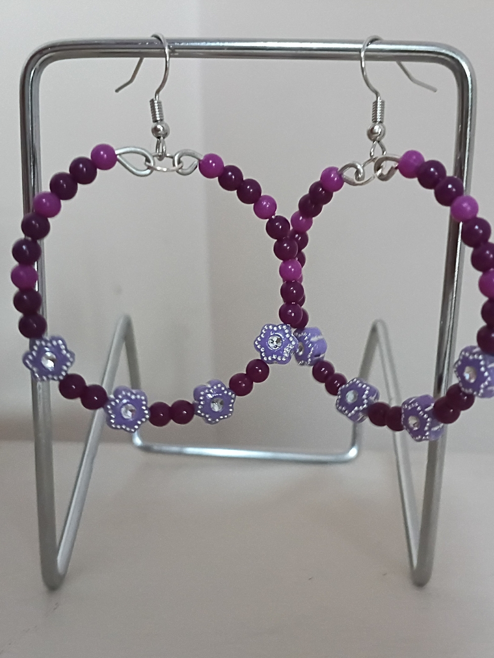 Handmade Purple Beaded Hoop Earrings - Picture 2 of 3